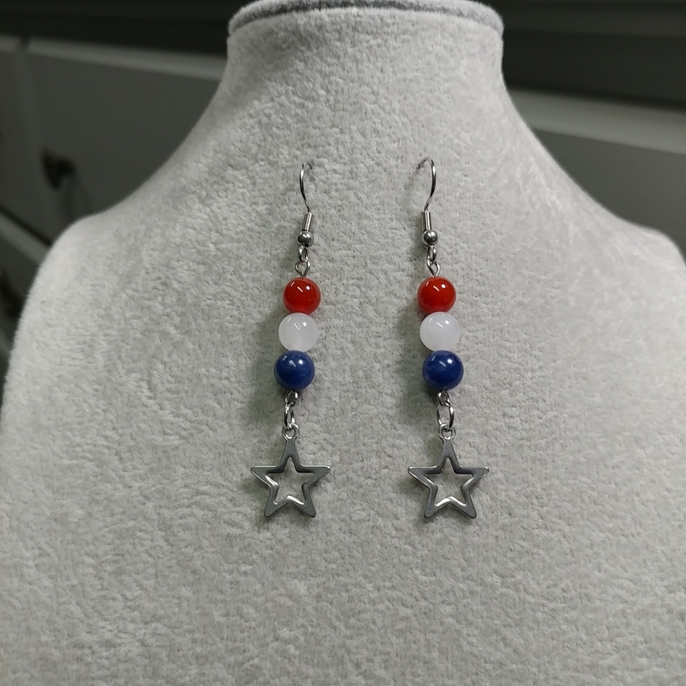 Natural Gemstone Star Earrings Surgical Stainless-Steel Carnelian Jade Sodalite - Picture 4 of 12